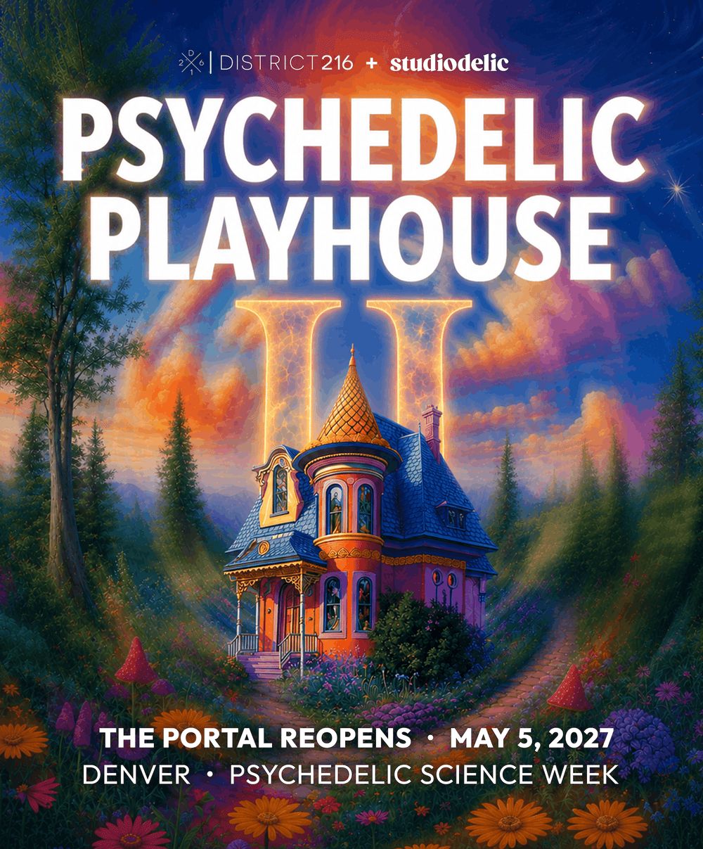 Painted poster: a glowing Victorian playhouse on a forest path under a swirling sunset sky, with a golden II rising behind it.